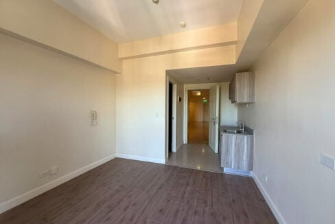 Open studio room with wood-look plank floors leading to the kitchenette and entry
