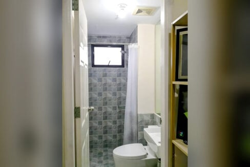 Second bathroom with grey tiles, a curtained shower and a small window