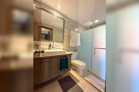 Master bathroom with vessel sink and frosted glass shower
