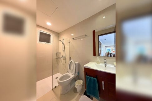 Bathroom with glass shower enclosure and wood vanity