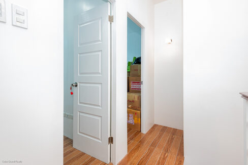 Upper hallway with white panel doors and wood-look plank flooring
