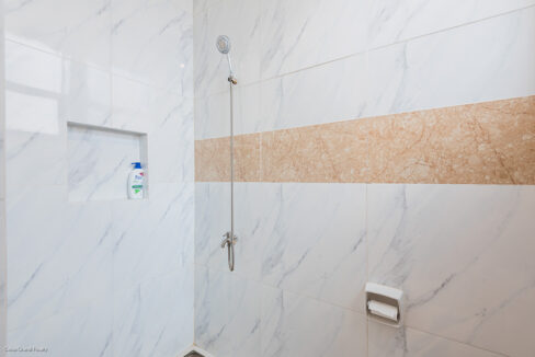 Shower wall with a recessed niche and a marble accent band