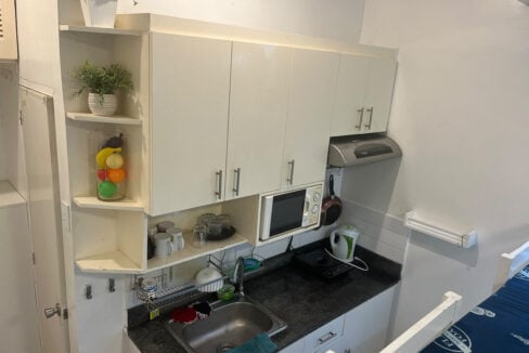Kitchenette with a stainless sink, range hood, microwave and induction cooker