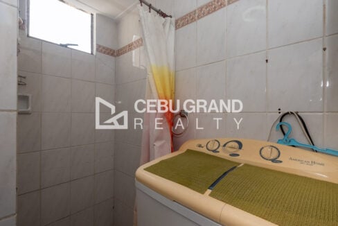 Twin-tub washing machine beside the shower curtain in the bathroom