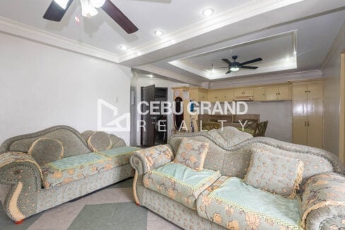 Sofa set in the living room facing the kitchen and dining area