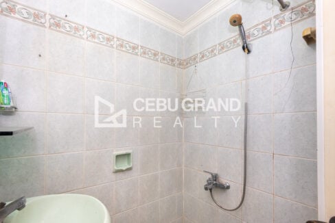 Tiled shower area with a handheld shower and soap dish