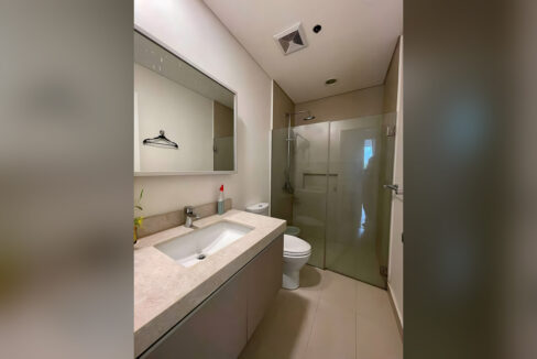 Second bathroom with a rain shower behind a glass enclosure