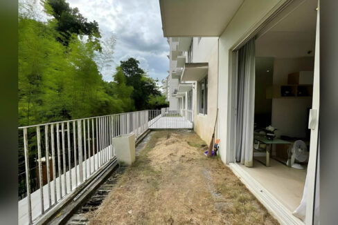 Garden terrace beside the living room sliding doors at 32 Sanson